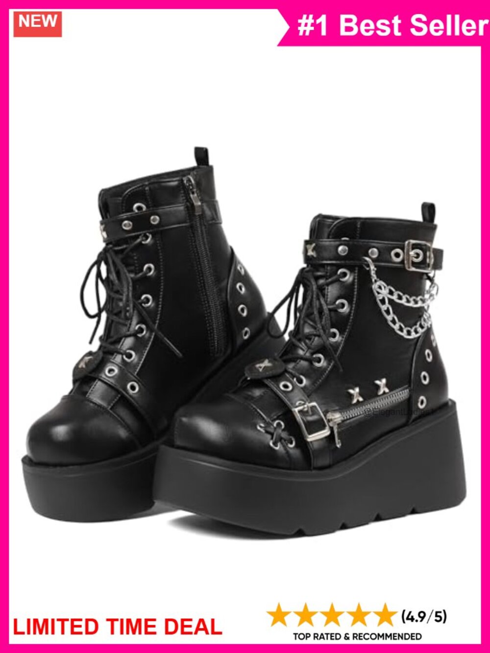 Platform Ankle Boots Faux Leather Combat Moto Festival